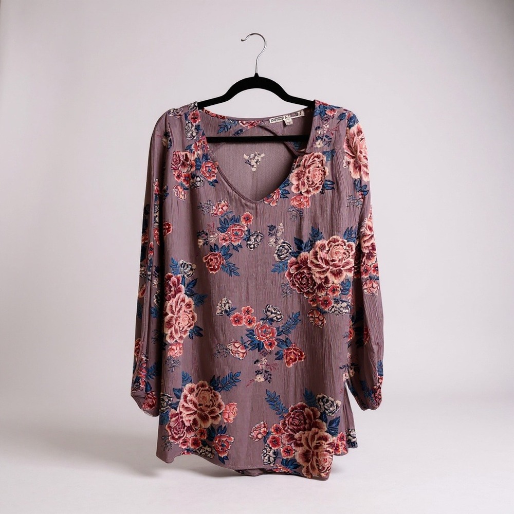 Gypsies & Moondust Floral Print V Neck Cutout Back Long Sleeve Blouse Top‎ M